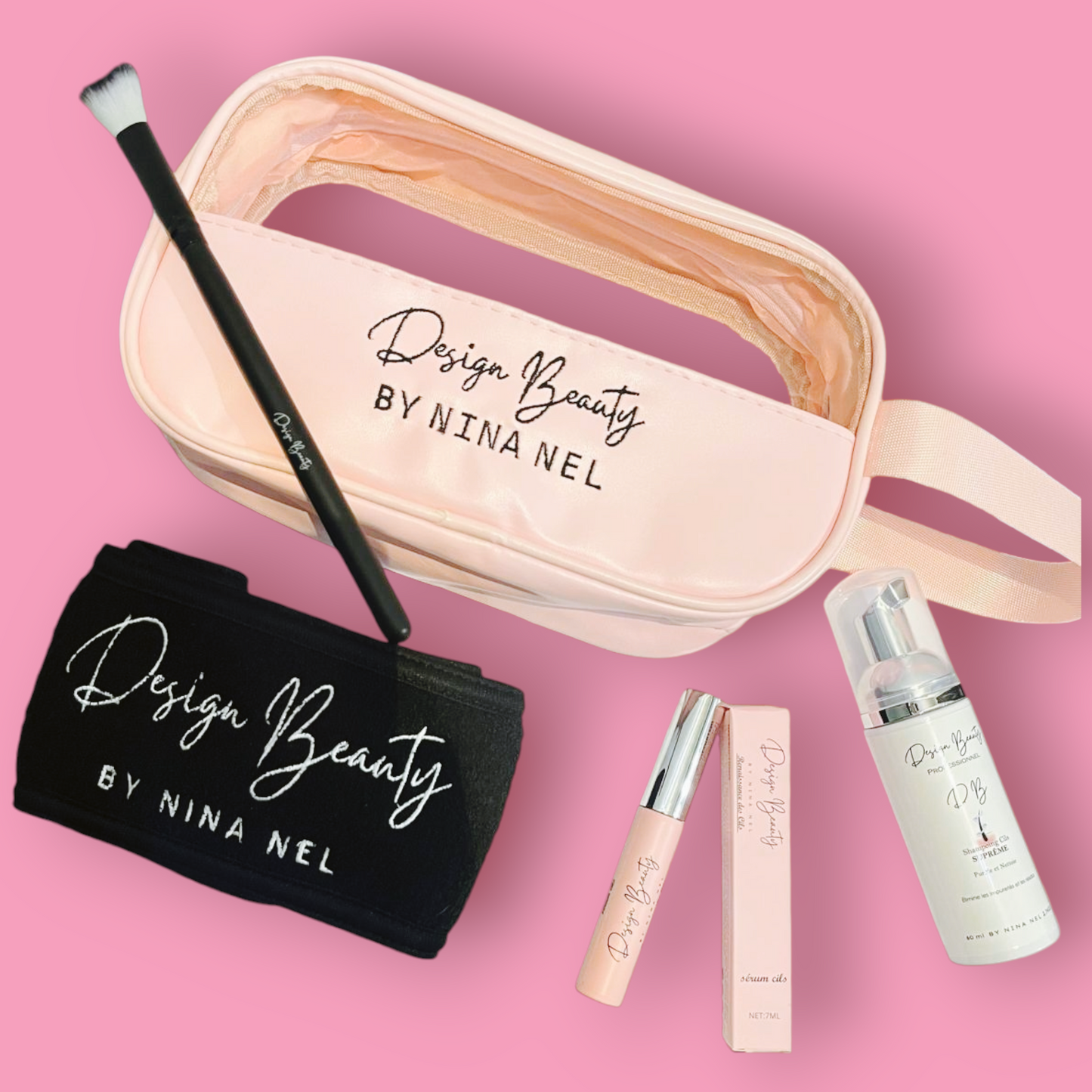 Petite trousse rose soin ultime, trousse + Shampoing + sérum + pinceau + bandeau visage